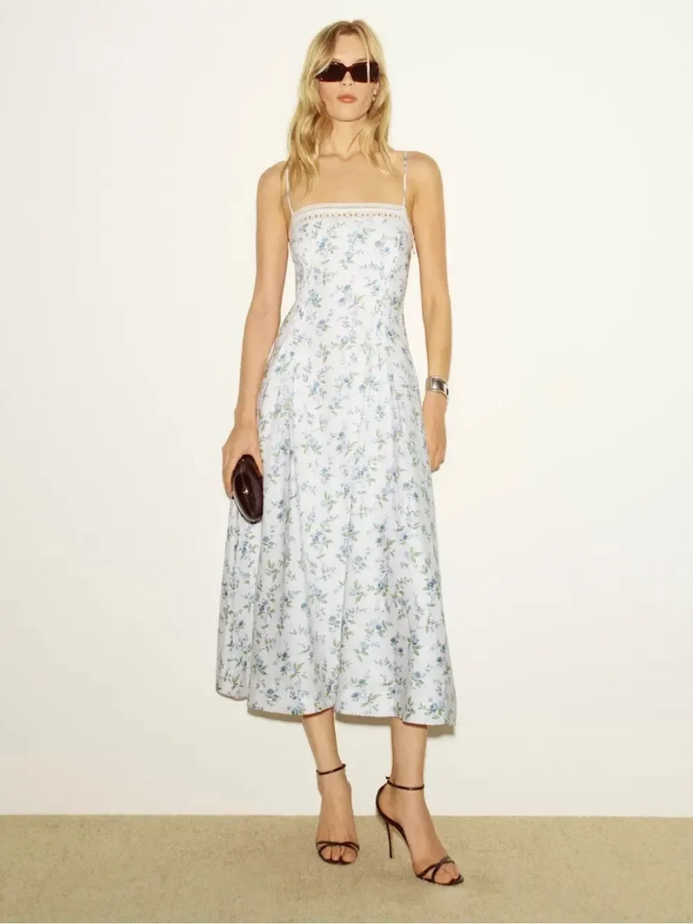 NEW Reformation Pomona Linen Lace Trim Midi Dress Nostalgia Floral 0,2